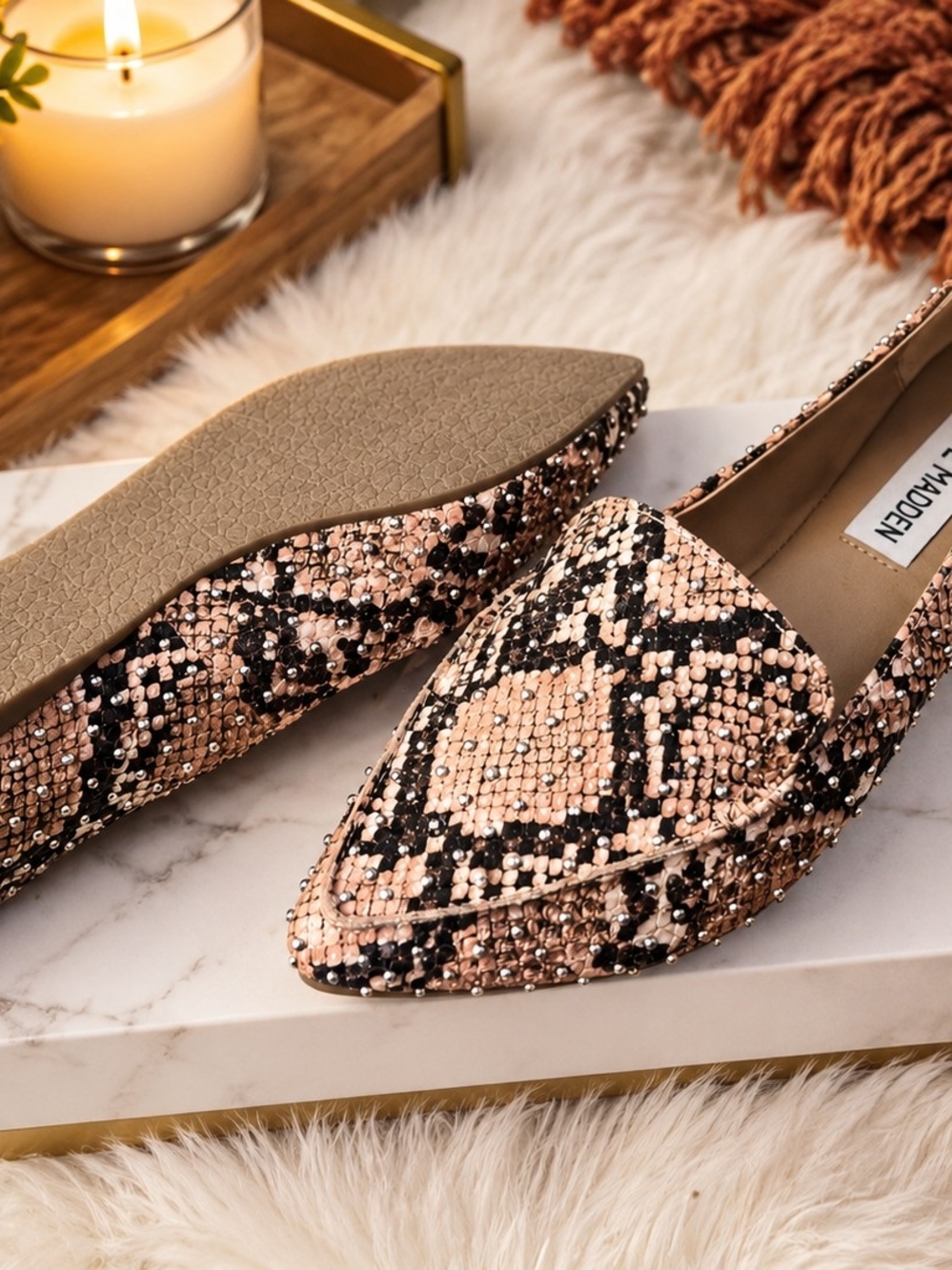 Brand New Never Worn Steve Madden Pink and Black Snake-Print Pointed Loafers